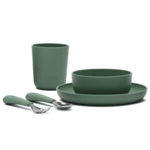 Lalo Big Bites Kids Dinnerware Starter Set - Dishwasher Safe, BPA Free, Kids Tableware Set - Includes Stackable Bowl, Plate, Utensils & Cup - 5 Pieces - Olive