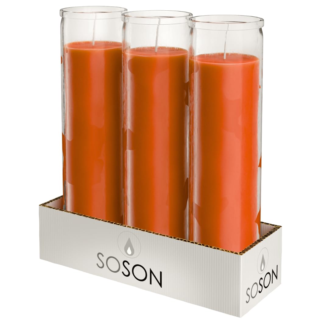 Simply Soson 2x8 inch Orange Devotional Unscented Candles in Glass Jar - 3 Pack - 90 Hours – Prayer Candle - Tall Pillar Candles for Religious, Memorials, Party Decor