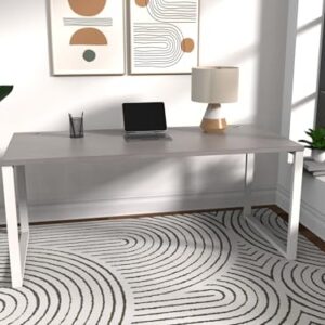 Connect it 60"x30" Desk with Grey Strand Top and Modern White Metal O-Leg Frame