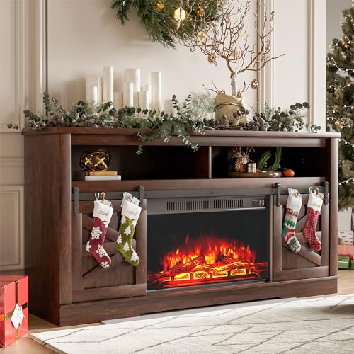 YESHOMY Fireplace TV Stand for Television up to 65+ Inch with Storage and Farmhouse Sliding Barn Doors, Entertainment Center with Cabinet and Shelves, Media Console for Living Room, Dark Brown