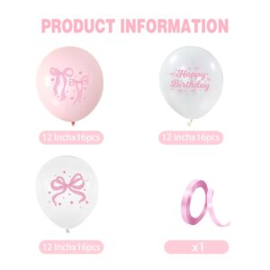 48 Pcs Pink Bow Balloons Coquette Birthday Decorations Include Bow Light Pink Balloons White Balloons for Pink Bow Birthday Party Supplies