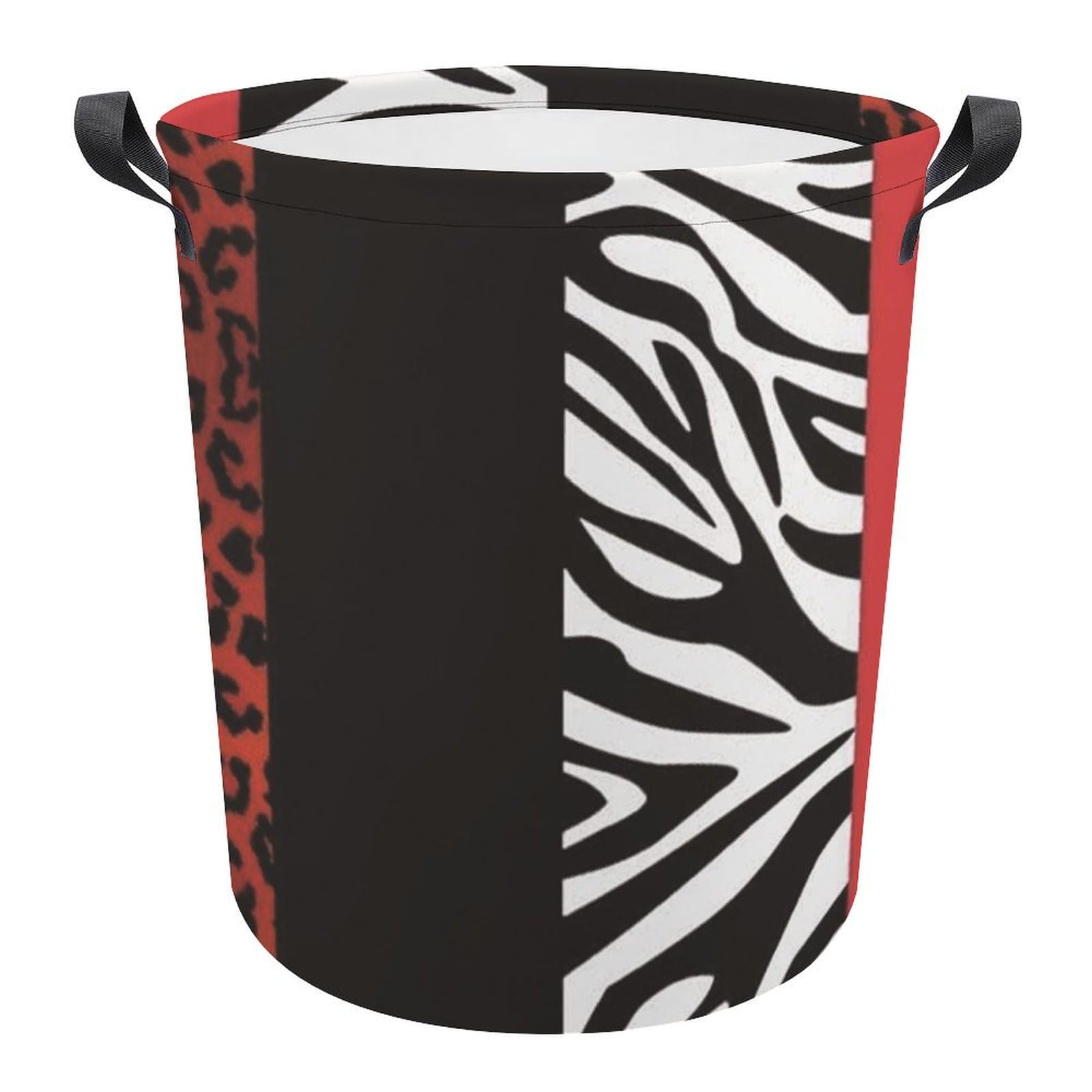 Red Leopard And Zebra Animal Print Laundry Basket Large Round Canvas Laundry Hamper with Handles Foldable Storage Bin for Dirty Clothes Hamper Bedroom Bathroom