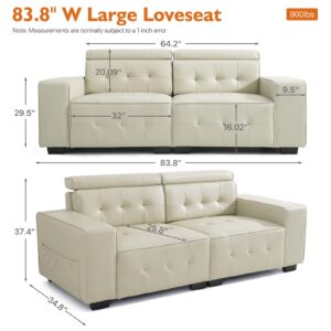 RESTREAL 83.8” Leather Sofa Couches for Living Room, Modern 3 Seater Comfy Sofa, Loveseat Sofa with Wide Armrest, Adjustable Backrest, Small Couches for Small Spaces, Apartment, Office (Beige)