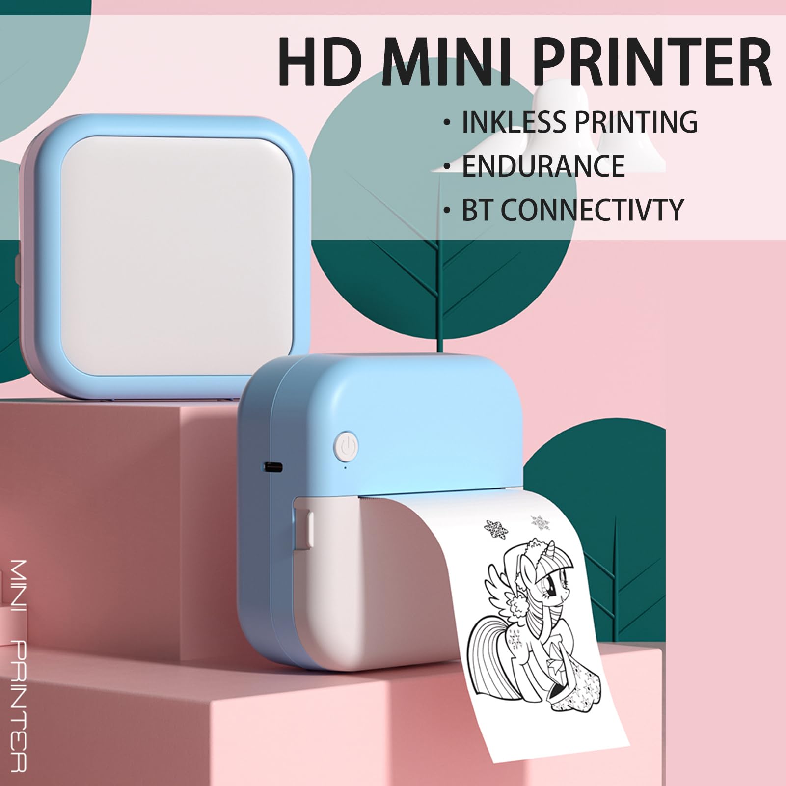 Photo Printer,HXBER Mini Thermal Printer Multifunction Portable Sticker Maker Instant Photo Inkless Printing Support BT Connection for Smartphone with 9 Paper Rolls 57mm + 5 Self-Adhesive Paper Rolls