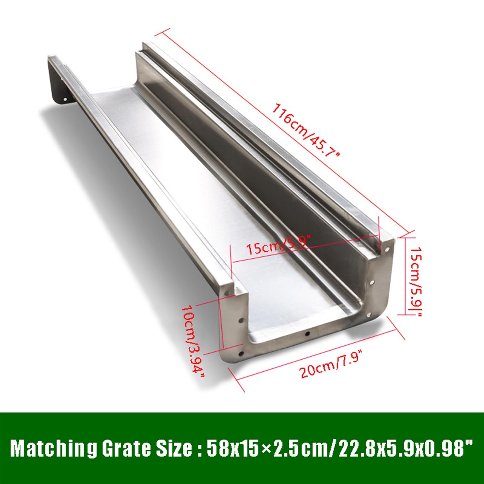 304 Stainless Steel Channel Drain, U - Shaped Channel Drain Heavy Duty Trench Drain for Outdoor Garage Yard Indoor Hotel Kitchen Bathroom(116x20x15cm/46x6x6in)