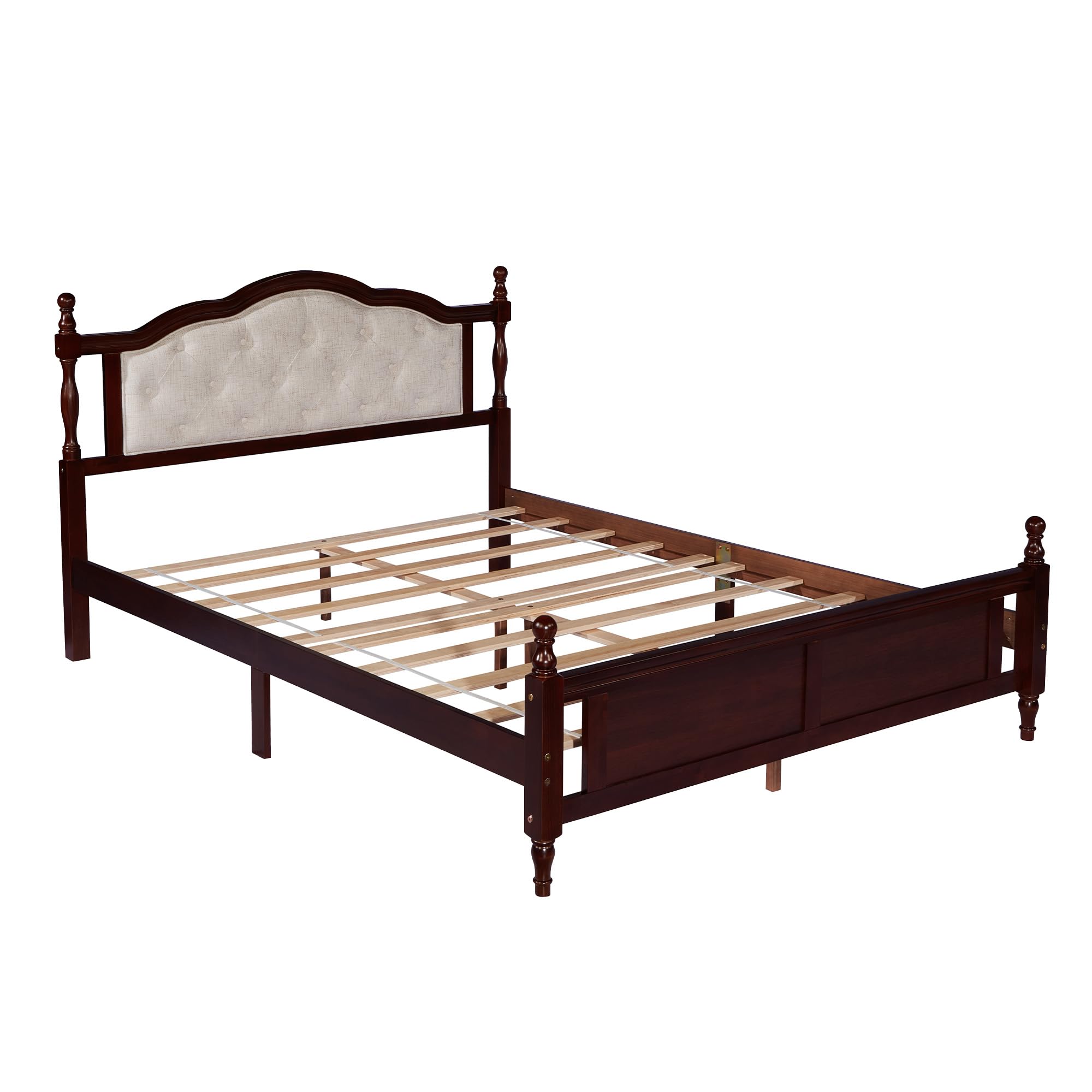 MKABAK Queen Size Bed Frame with Upholstered Headboard and Panel Footboard, Rustic Retro Style Pine Wood Platform Bed with Slat, No Box Spring Needed, Classic Cherry