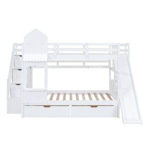 Harper & Bright Designs Full Over Full Bunk Bed with Stairs and Slide, Solid Wood Bunk Bed Frame with Storage Drawers and Bookshelf, for Kids Teens Adults- White