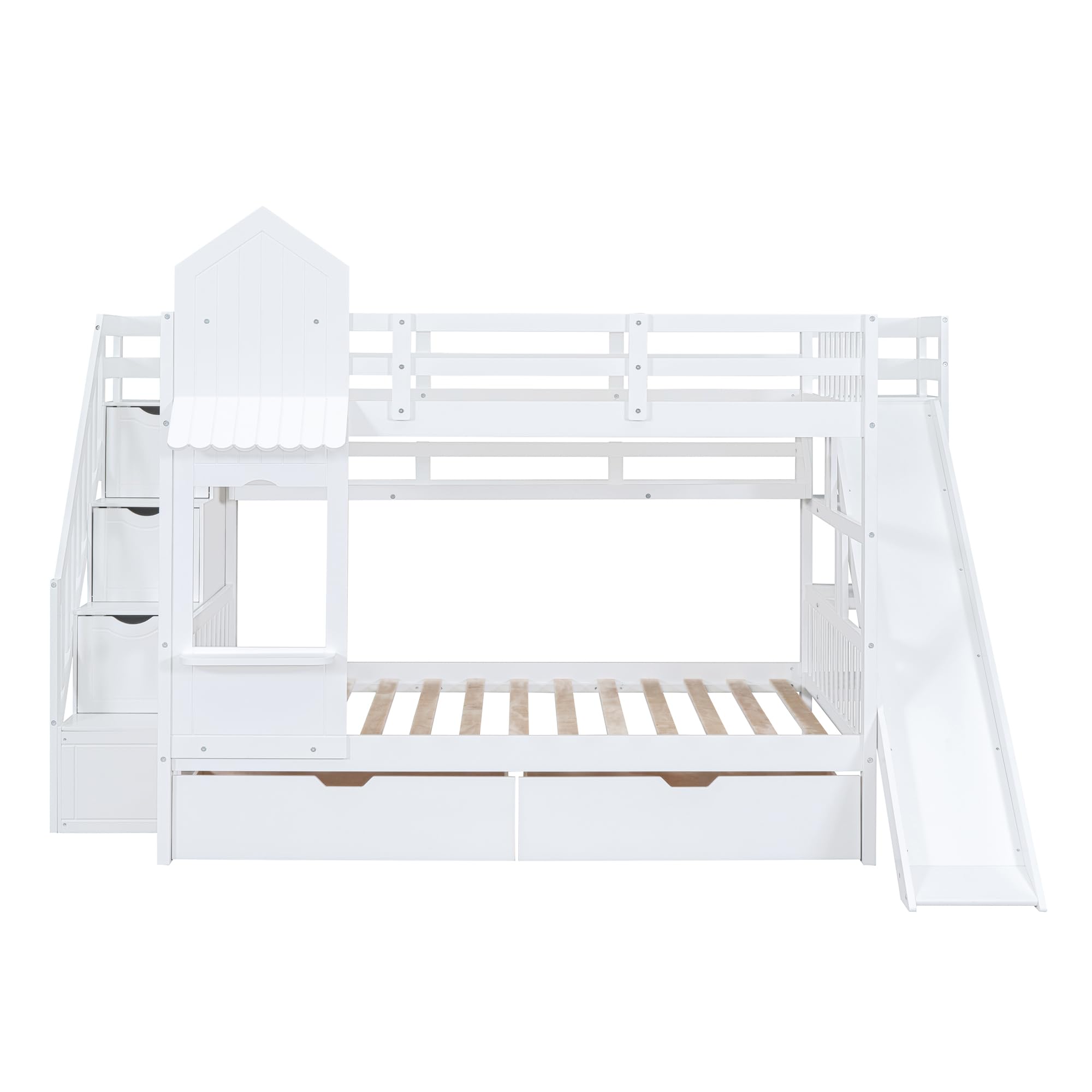 Harper & Bright Designs Full Over Full Bunk Bed with Stairs and Slide, Solid Wood Bunk Bed Frame with Storage Drawers and Bookshelf, for Kids Teens Adults- White