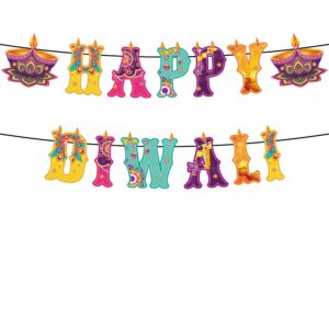 kymy happy diwali hanging banner, deepavali rangoli themed hanging pennants wall sign, indian festival of lights paper cards banner for india festival diwali party decorations