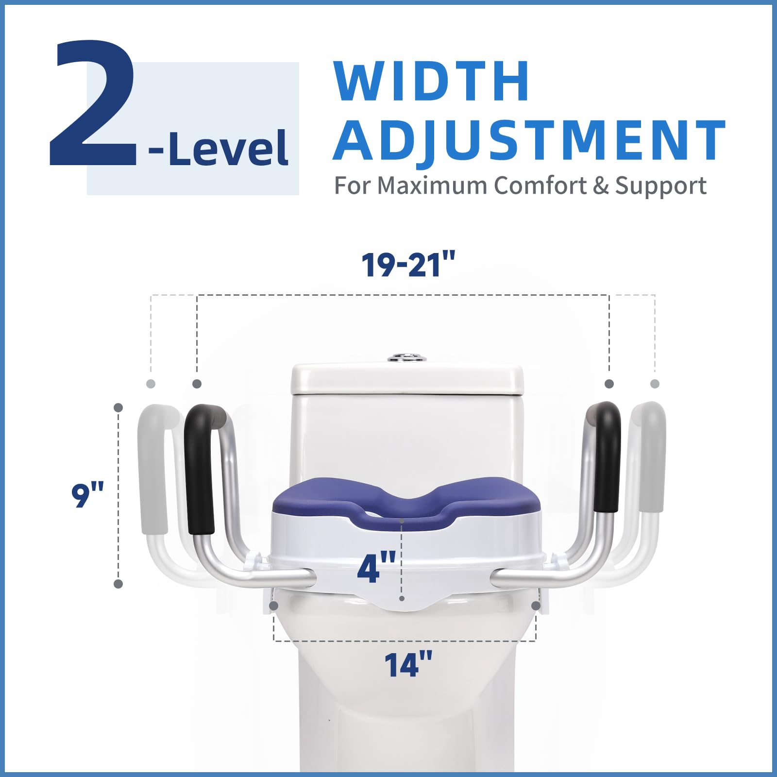 Toilet Seat Riser with Handles, 4'' Raised Toilet Seat for Seniors with TPR Padded and Aluminum Arms, Toilet Safety Riser for Standard Commode (Blue)