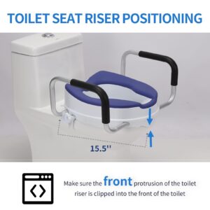 Toilet Seat Riser with Handles, 4'' Raised Toilet Seat for Seniors with TPR Padded and Aluminum Arms, Toilet Safety Riser for Standard Commode (Blue)