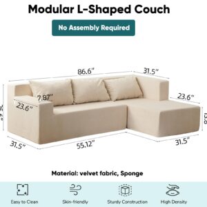 JOYBASE Modular Sectional L-Shaped Sofa Cloud Couch, Modern Minimalist 3-Seat Couch with Right-Hand Facing Chaise for Living Room Office, No Assembly Required (Khaki)