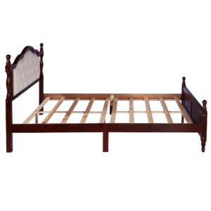 MKABAK Queen Size Bed Frame with Upholstered Headboard and Panel Footboard, Rustic Retro Style Pine Wood Platform Bed with Slat, No Box Spring Needed, Classic Cherry