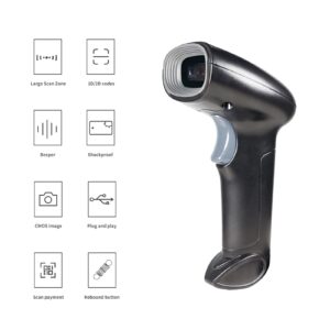 HXBER Barcode Scanner, USB Barcode Scanner 1D 2D QR Handheld Wired Bar Code Reader with Stand Support Screen Code Compatible with Windows XP/7/8/10 Android Linux System for Supermarket Library Book