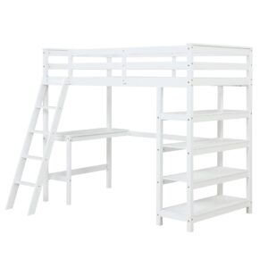 Favfurish Wooden Twin Loft Bed,with Built in Study Desk and 4-Tier Storage Shelves & Tilt Ladder,No Spring Mattress Required,Space-Saving Design,for Boys Girls Bedroom,White