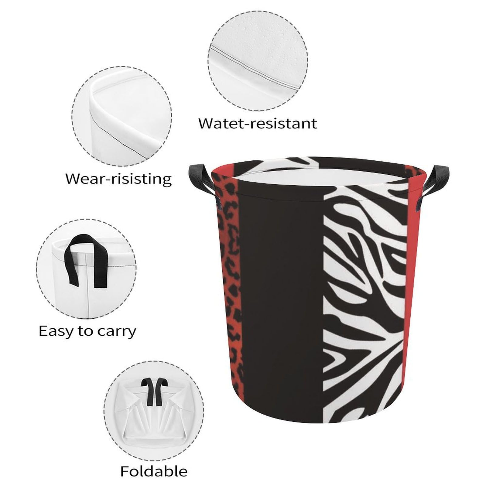 Red Leopard And Zebra Animal Print Laundry Basket Large Round Canvas Laundry Hamper with Handles Foldable Storage Bin for Dirty Clothes Hamper Bedroom Bathroom