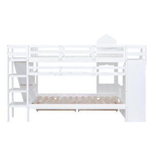 Harper & Bright Designs Full Over Full Bunk Bed with Stairs and Slide, Solid Wood Bunk Bed Frame with Storage Drawers and Bookshelf, for Kids Teens Adults- White