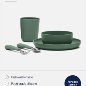 Lalo Big Bites Kids Dinnerware Starter Set - Dishwasher Safe, BPA Free, Kids Tableware Set - Includes Stackable Bowl, Plate, Utensils & Cup - 5 Pieces - Olive