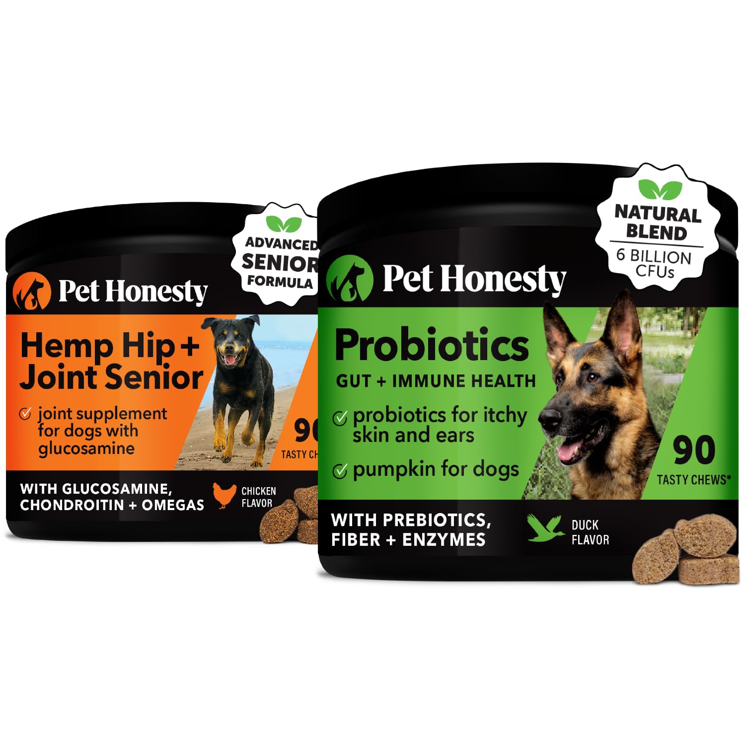 Pet Honesty Senior Hemp Hip & Joint Support & Probiotics Bundle: Mobility Supplement & Gut Health Chews for Dogs (Chicken & Duck 90 ct)