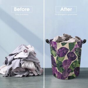 Laundry Basket Hamper Green And Purple Leaves Waterproof Dirty Clothes Hamper Collapsible Washing Bin Clothes Bag with Handles Freestanding Laundry Hamper for Bathroom Bedroom Dorm Travel