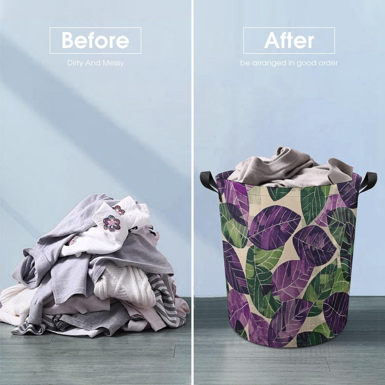 Laundry Basket Hamper Green And Purple Leaves Waterproof Dirty Clothes Hamper Collapsible Washing Bin Clothes Bag with Handles Freestanding Laundry Hamper for Bathroom Bedroom Dorm Travel