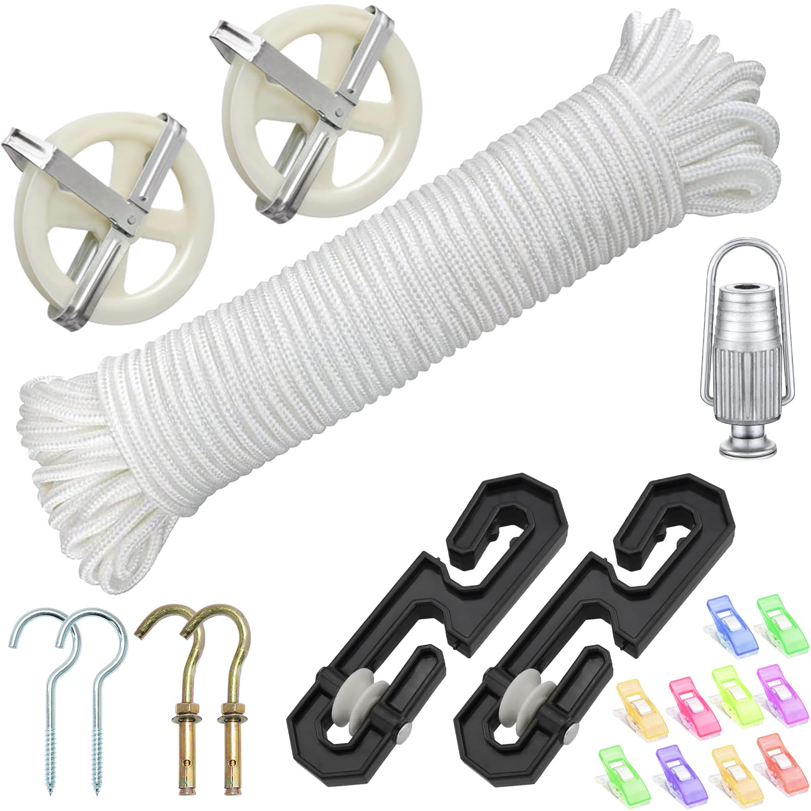 Outdoor Clothesline Kit, 150ft Polyester Clothesline Rope Heavy Duty, Clothes Line Pulley, Nylon Clothesline Pulley Kit, Clotheslines S Separator Spreader, Clothesline Tightener, Hooks