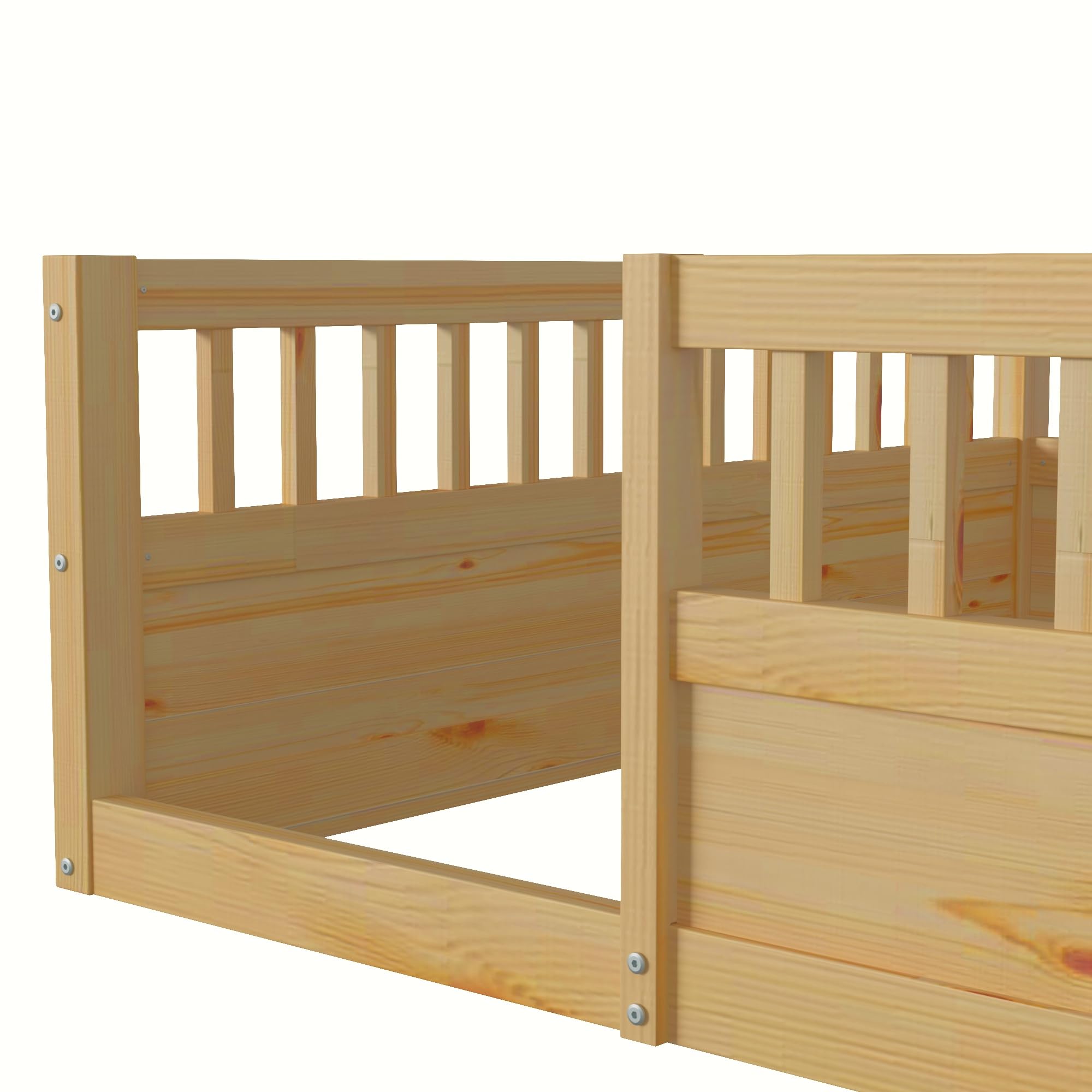 KEIKI Full Floor Bed Frame with Fence, Wood Kids Floor Beds Frame for Bedroom Playroom,Natural