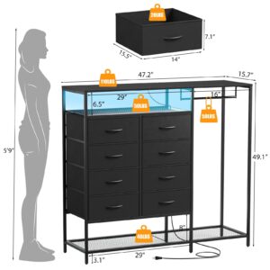 Black Dresser for Bedroom with 8 Drawers, Bedroom Dresser with Hanging Rack, Clothes Dresser with Led Lights, Closet Dresser with Charging Station, 47 Inch Dresser with Shelves for Bedroom, Closet