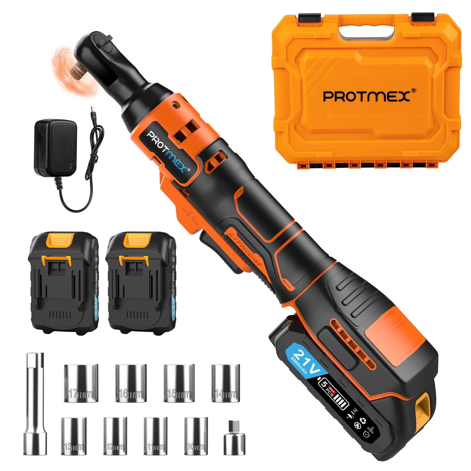 Protmex 3/8'' Cordless Ratchet Wrench, 60FT-LBS (80N.m) Electric Ratchet with 21V 2 X 2.0Ah Battery, 400 RPM Chargeable Power Ratchet Driver Set with 8 Sockets,1/4 Adaptor, 3" Extension Bar