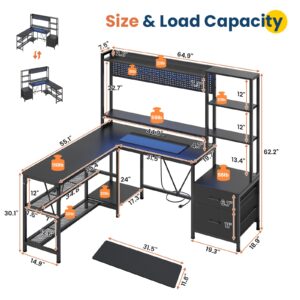 L Shaped Gaming Desk with Shelves, Reversible Computer Desk with Power Outlets LED Light, Home Office Desk with Monitor Stand Storage Racks 2 Drawers 5 Shelves Pegboard 8 Hooks Mouse Pad(Black)