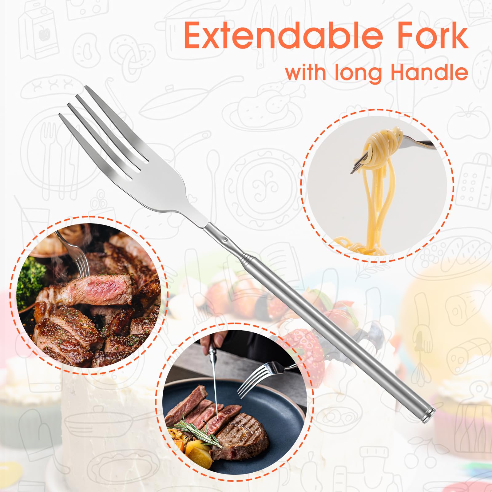 Gjinxi Telescopic Extendable Long Fork, Stainless Retractable Extended Telescoping Fork, Long Extension Dinner Forks for Eating, Extending Fork for Dinner Fruit Dessert Fork 8.6~25.6in (1pc)