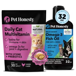 pet honesty cat multivitamin chews + omega 3 fish oil supplement for dogs & cats - cat treats for health, immune, joint support, skin & coat, digestion, and overall wellness | chicken (30-day supply)