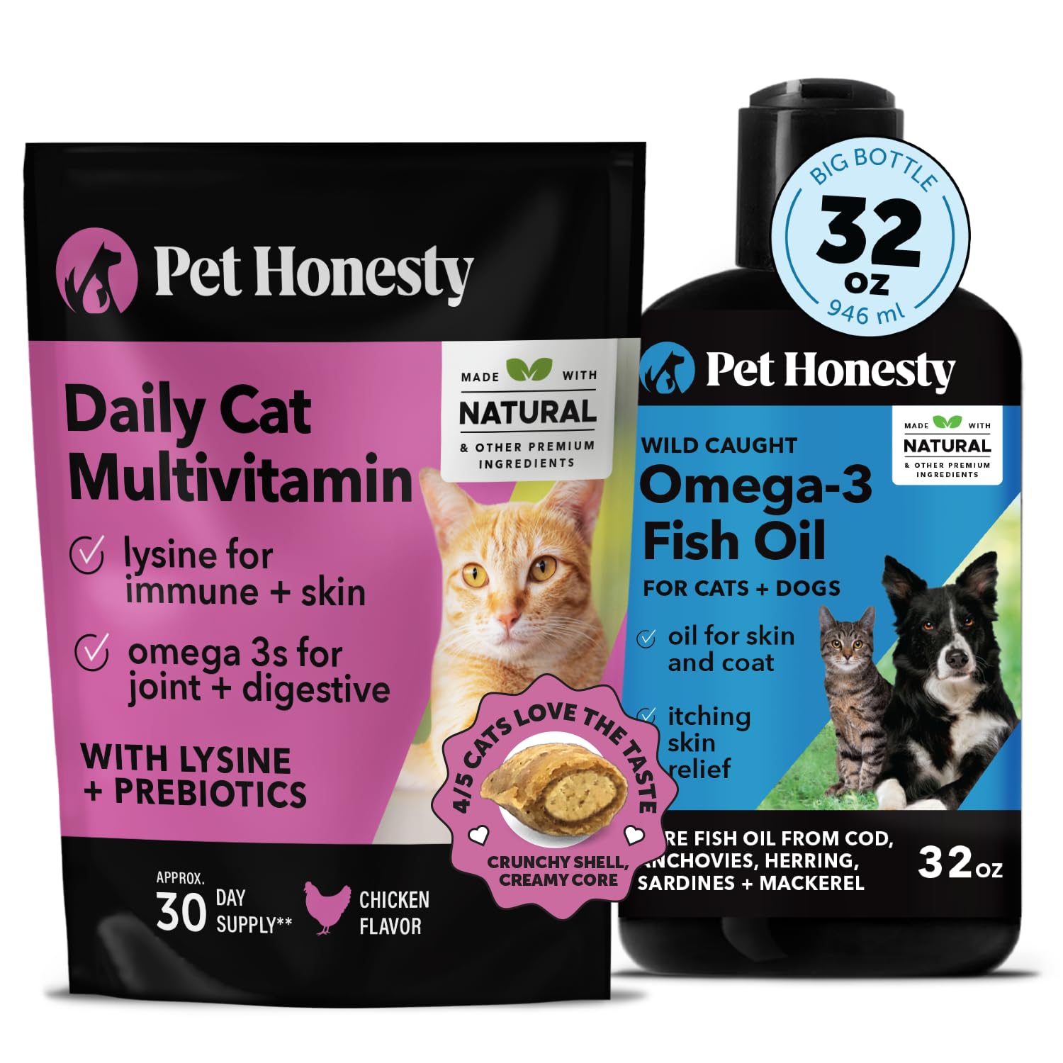 Pet Honesty Cat Multivitamin Chews + Omega 3 Fish Oil Supplement for Dogs & Cats - Cat Treats for Health, Immune, Joint Support, Skin & Coat, Digestion, and Overall Wellness | Chicken (30-Day Supply)