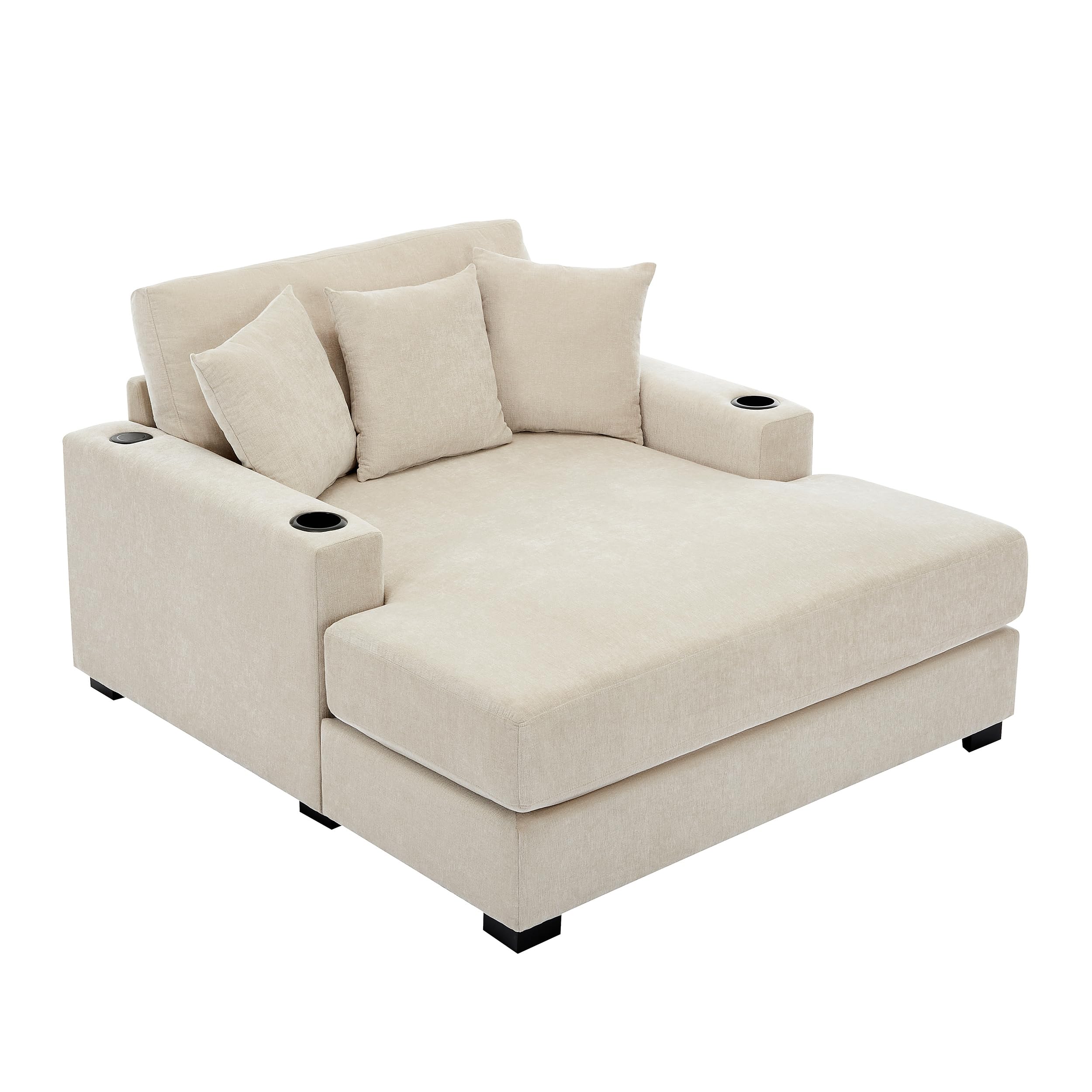 Brabrety Oversized Chaise Lounger Modern Style Sofa Couch,with Pillows, Charge Station & Cup Holders, Chenille Fabric (Cream-55in)