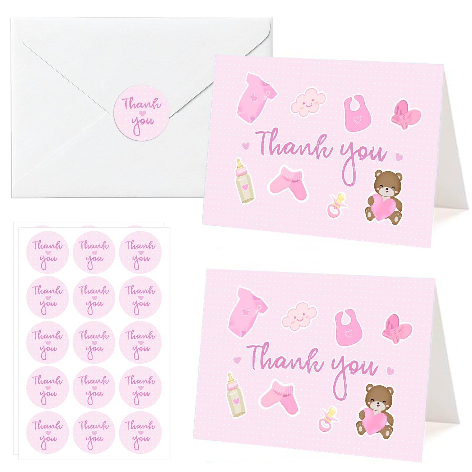 BRT Bearingshui Baby Shower Thank You Cards with Envelopes and stickers Total 24PK, 4x6 Inches Baby Girl Shower Thank You Cards