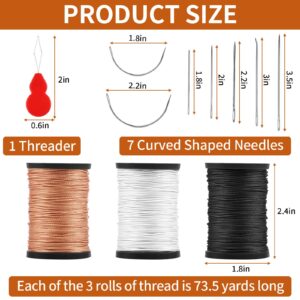 Upholstery Thread, Nylon Heavy Duty Sewing Kit, Upholstery Needle and Thread for Leather, Carpet, Furniture, Shoe, Includes 3 Rolls Thread (73.5yd Per Roll, 3 Colors), 7 Shaped Needles, 1 Threader