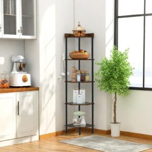 Corner Shelf Stand, Tall Corner Book Shelf Industrial 5 Tier Corner Display Rack Multipurpose Shelving Unit Corner Bookcase for Small Spaces Living Room Bedroom Home Office (Rustic Brown-5-Tier)