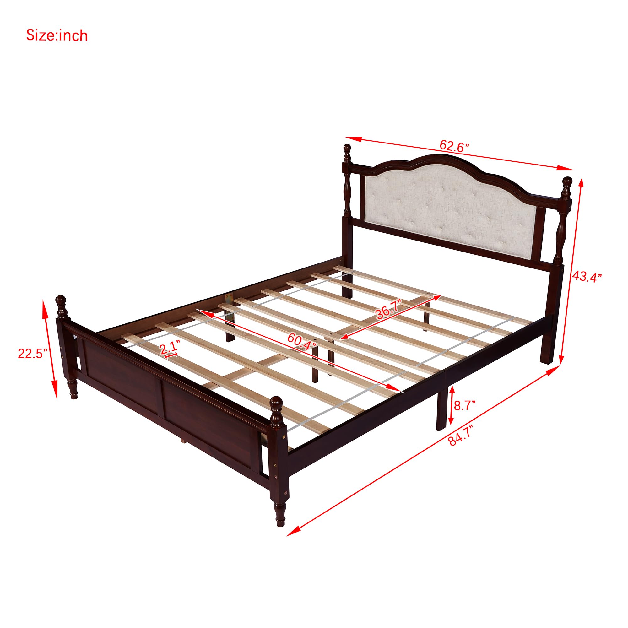 MKABAK Queen Size Bed Frame with Upholstered Headboard and Panel Footboard, Rustic Retro Style Pine Wood Platform Bed with Slat, No Box Spring Needed, Classic Cherry