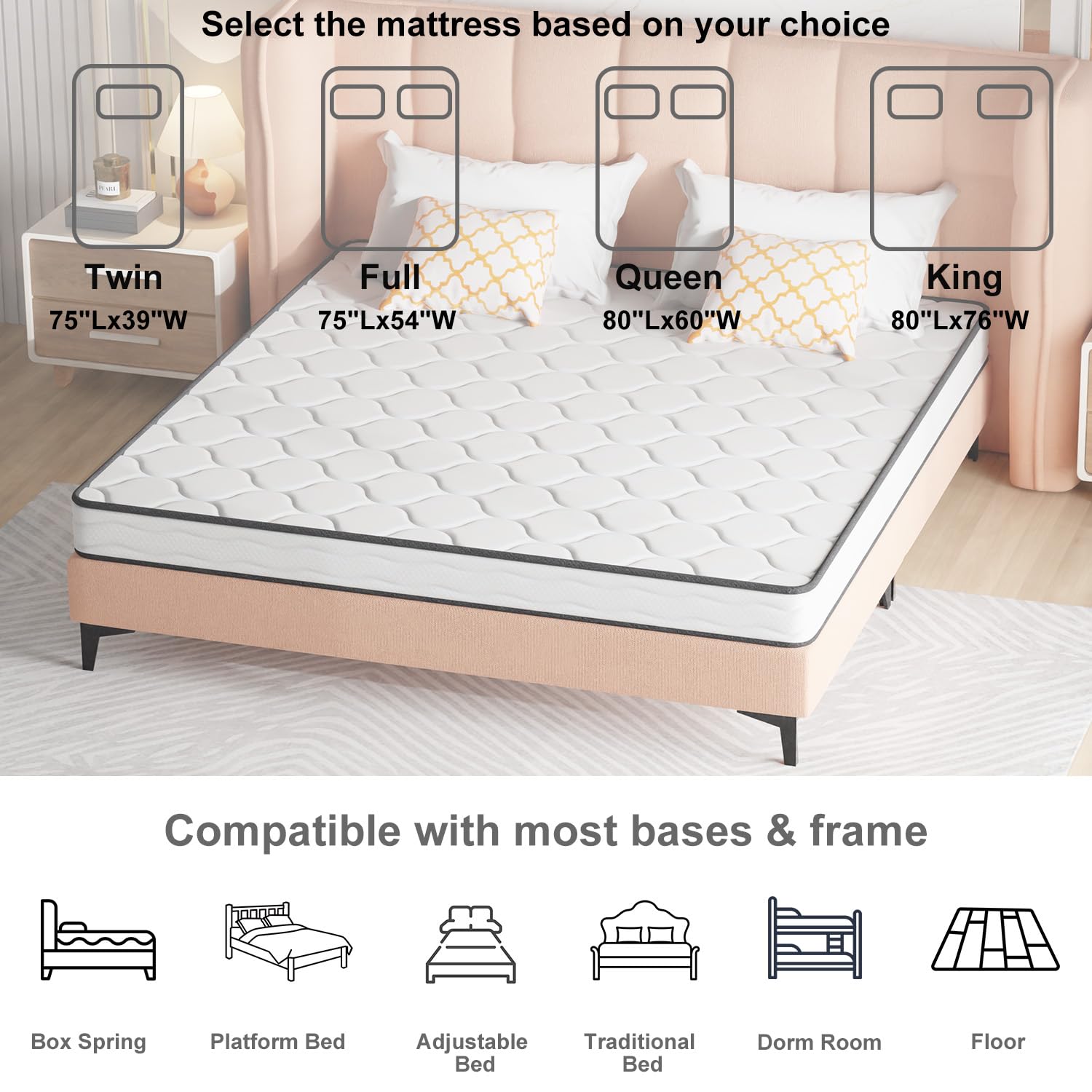 6 Inch King Size Mattress with Innerspring and Foam, Hybrid Mattress King with Fiberglass Free, Medium Firm Spring Mattress, King Size Mattress in A Box, Pressure Relief, 80"L X 76"W X 6"Th, White