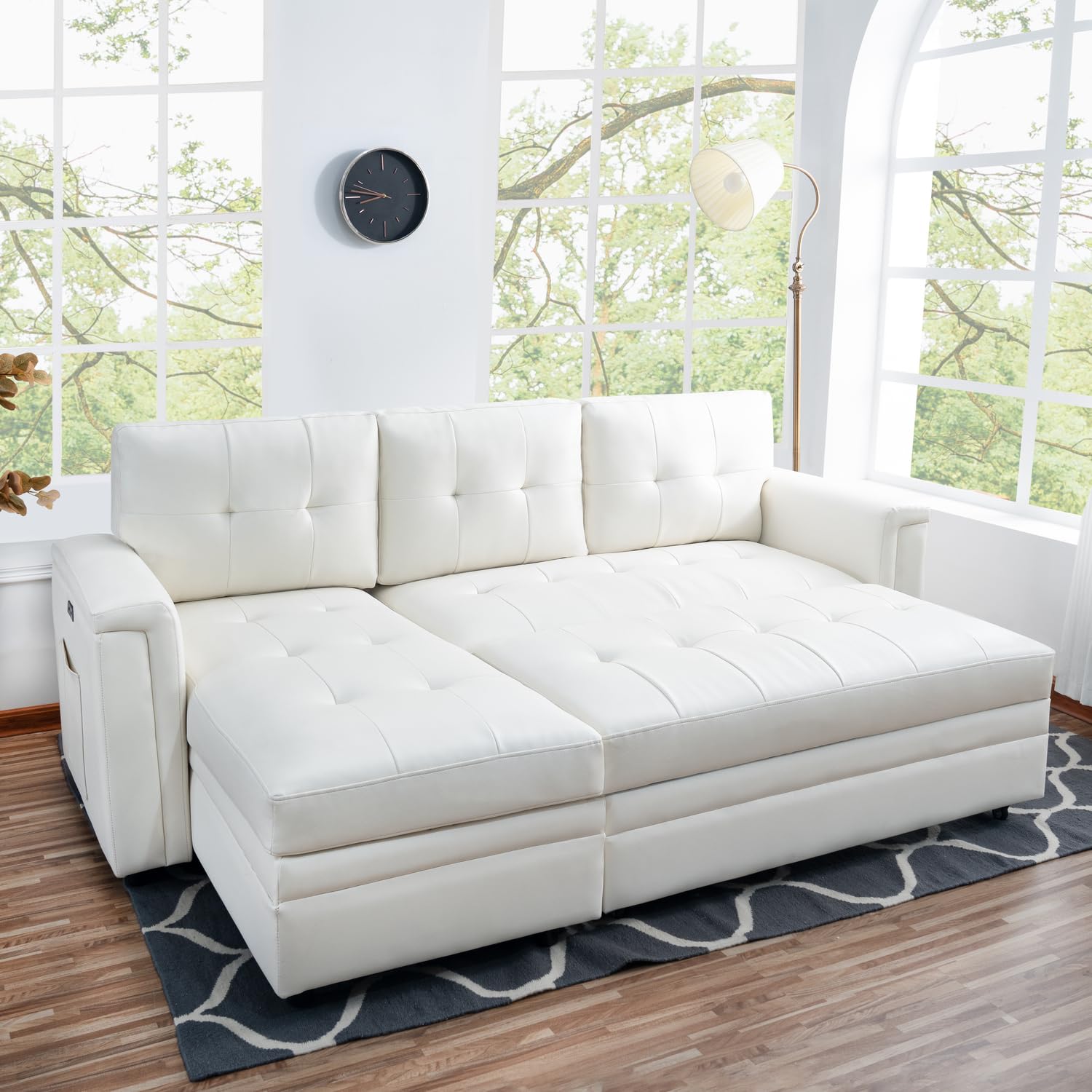 Naomi Home L-Shaped Sectional Sleeper Sofa with USB Ports - Convertible Pull-Out Bed, Ample Storage, Timeless Design, Durable Construction, White/Air Leather