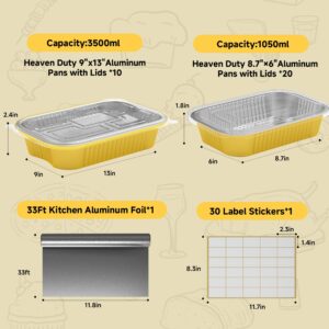 30Pack Aluminum Pans with Lids Kit-10Pack (9x13) Half Size Oven Steam Table Tin Foil Pans Collocation 20Pack (8.7*6) Disposable Baking Pan Chafing Trays with 33ft Aluminum Foil and 30 Label Stickers