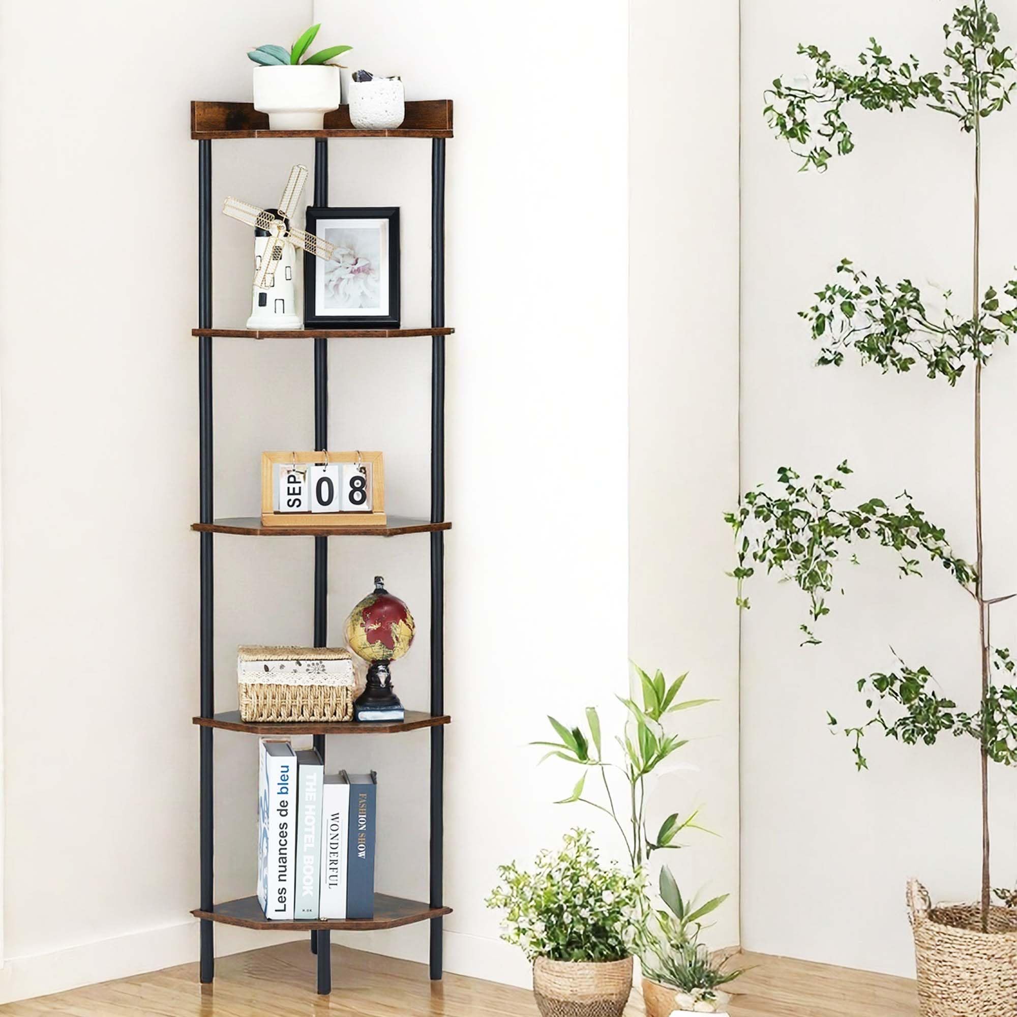 Corner Shelf Stand, Tall Corner Book Shelf Industrial 5 Tier Corner Display Rack Multipurpose Shelving Unit Corner Bookcase for Small Spaces Living Room Bedroom Home Office (Rustic Brown-5-Tier)