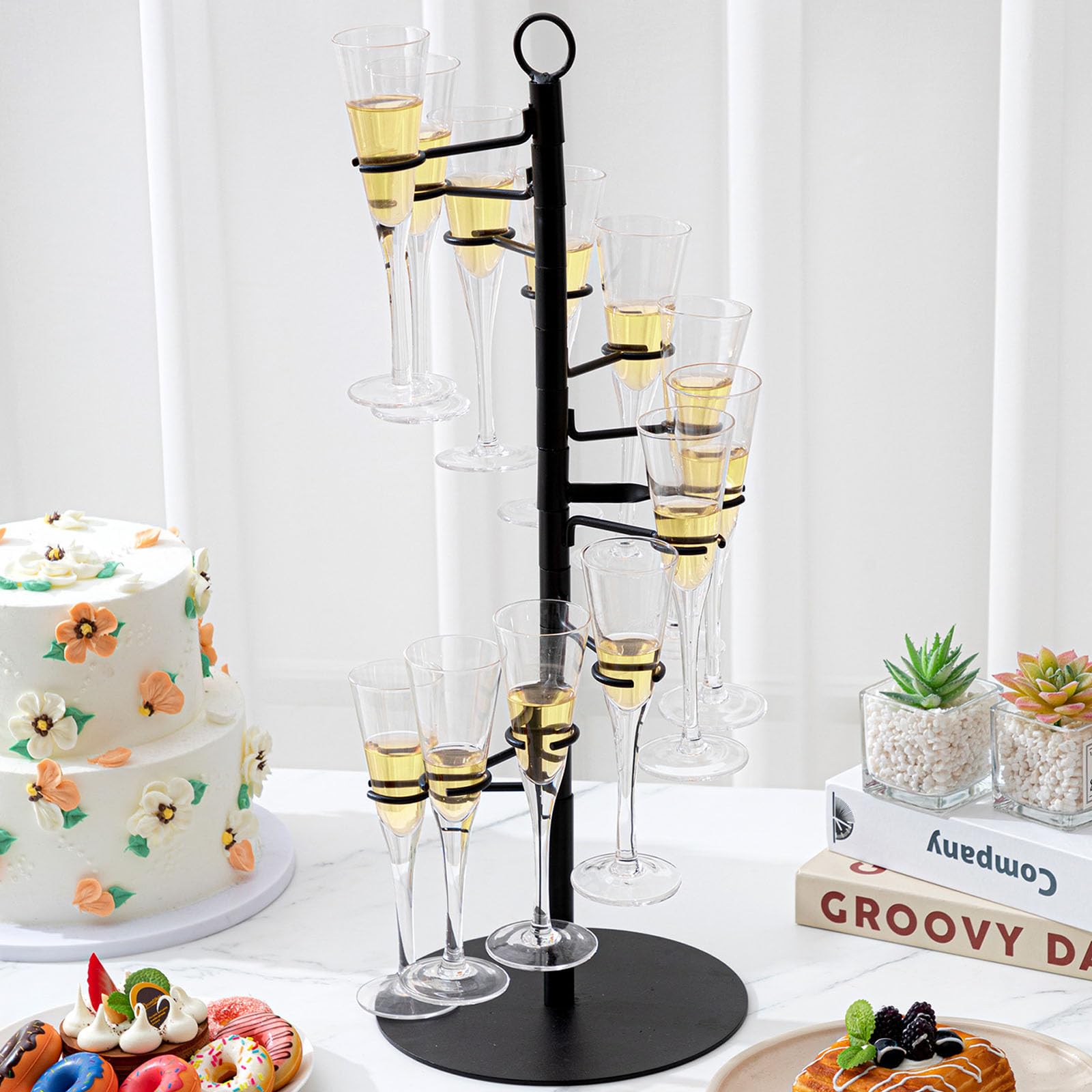 Black Metal Cocktail Tree Stand Cocktail Tasting Display Stand 12 Holders Spiral Staircase Drink Server for Champagne Martini Margarita Bar Weddings Bridal Shower Birthday New Year Celebration Events