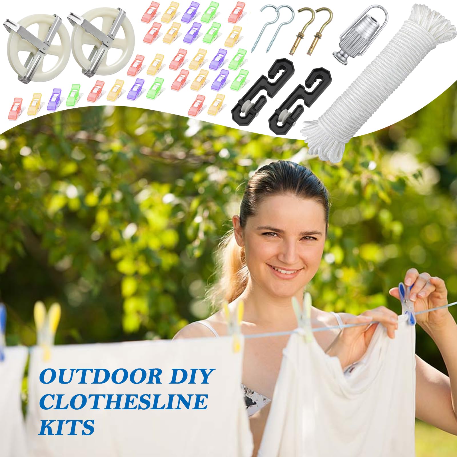 Outdoor Clothesline Kit, 150ft Polyester Clothesline Rope Heavy Duty, Clothes Line Pulley, Nylon Clothesline Pulley Kit, Clotheslines S Separator Spreader, Clothesline Tightener, Hooks