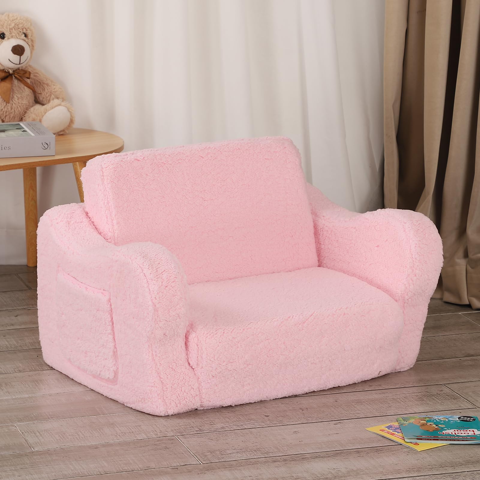 BestRoyal Comfy Toddler Chair, 2-in-1 Toddler Couch Fold Out, Convertible Sherpa Sofa to Lounger for Boys & Girls, Pink