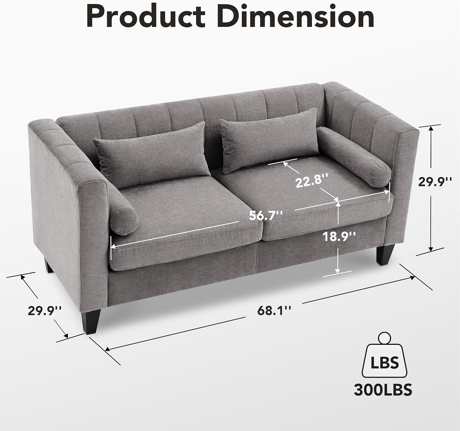 Weture 68.1 Inch Loveseat Sofa with 4 Pillows, Linen Comfy Mid Century Modern Couch for Small Spaces Bedroom, Love Seat for Living Room with Solid Wooden Frame and Padded Cushion, Gray