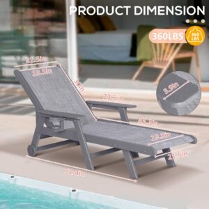 LOENIY Outdoor Chaise Lounge Chair with Textilene Surface, 5-Position Adjustable Patio Lounge Chair with Wheels & Cup Holder, HDPE Pool Lounge Chair for Outside, Poolside & Beach (Grey, 1)