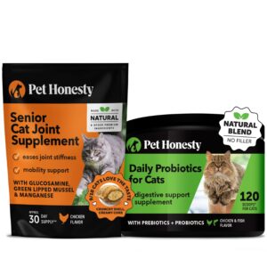 pet honesty cat hip & joint health & digestive probiotics bundle: glucosamine chews & max strength probiotic for gut health (chicken 30-day supply & 120 scoops)