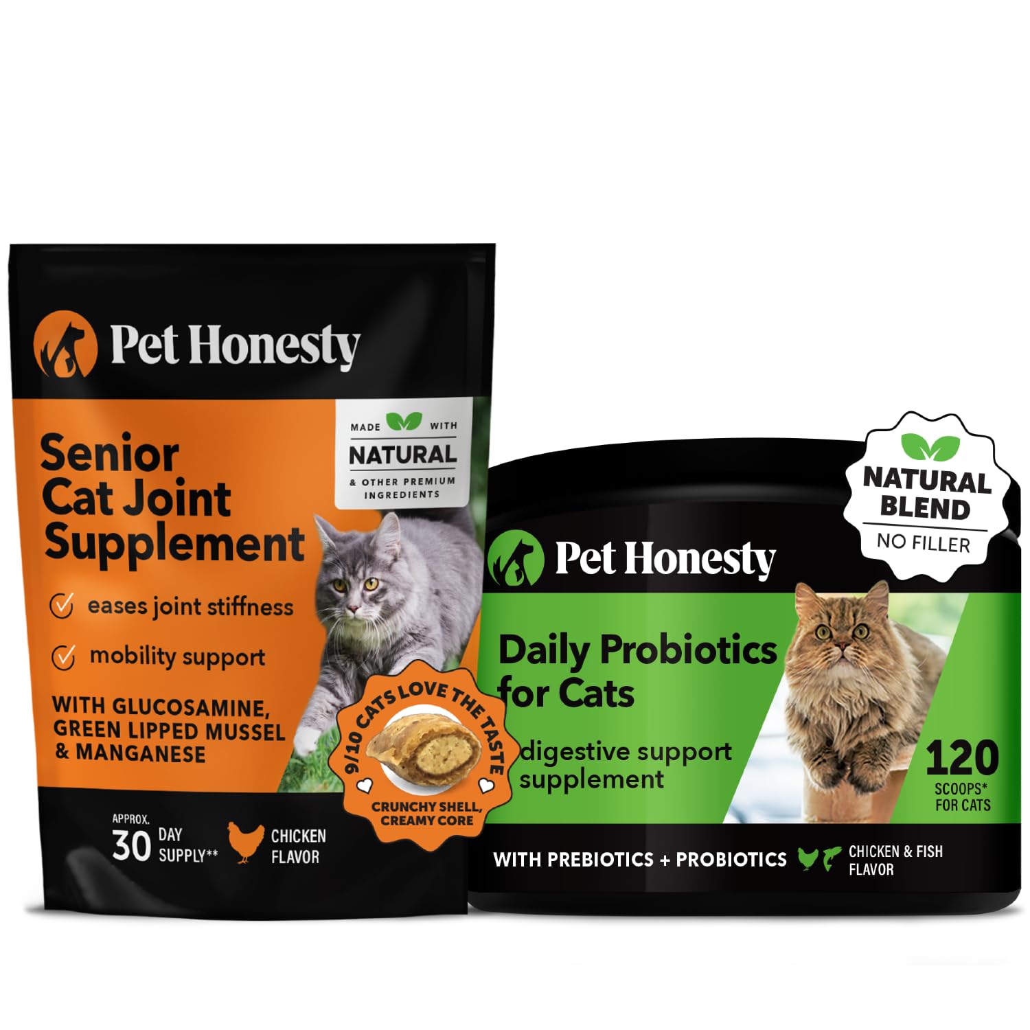 Pet Honesty Cat Hip & Joint Health & Digestive Probiotics Bundle: Glucosamine Chews & Max Strength Probiotic for Gut Health (Chicken 30-Day Supply & 120 Scoops)