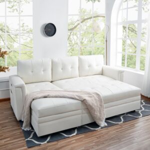 Naomi Home L-Shaped Sectional Sleeper Sofa with USB Ports - Convertible Pull-Out Bed, Ample Storage, Timeless Design, Durable Construction, White/Air Leather